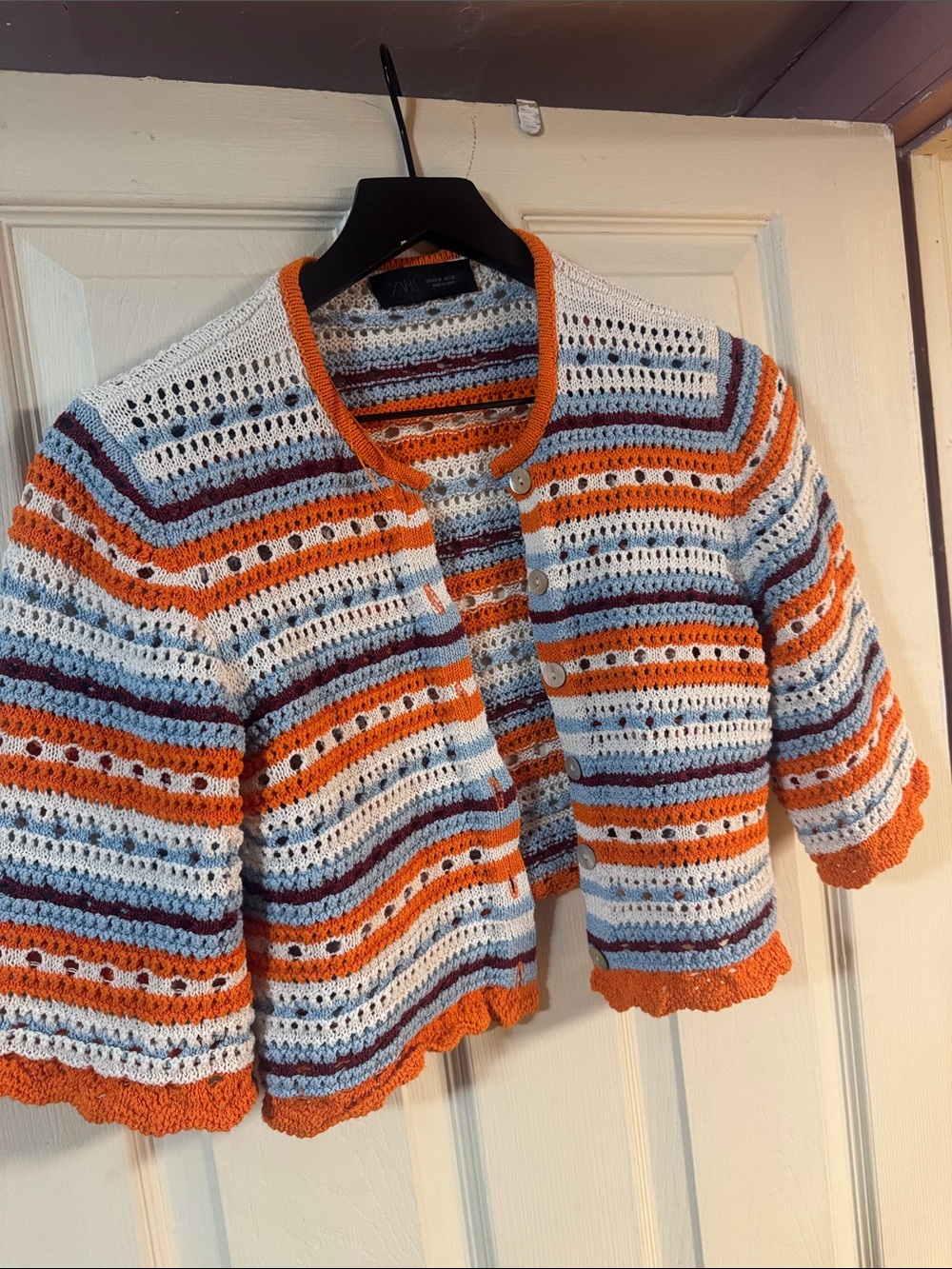 Zara Orange White & Blue Crochet Stripe Cardigan